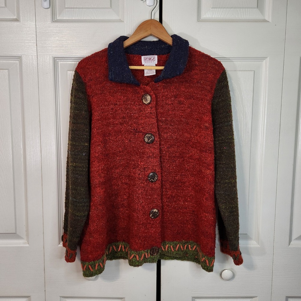 VTG PBJ Sport Womens XL Colorblock Cardigan Sweater Red Green Whipstitch Trim